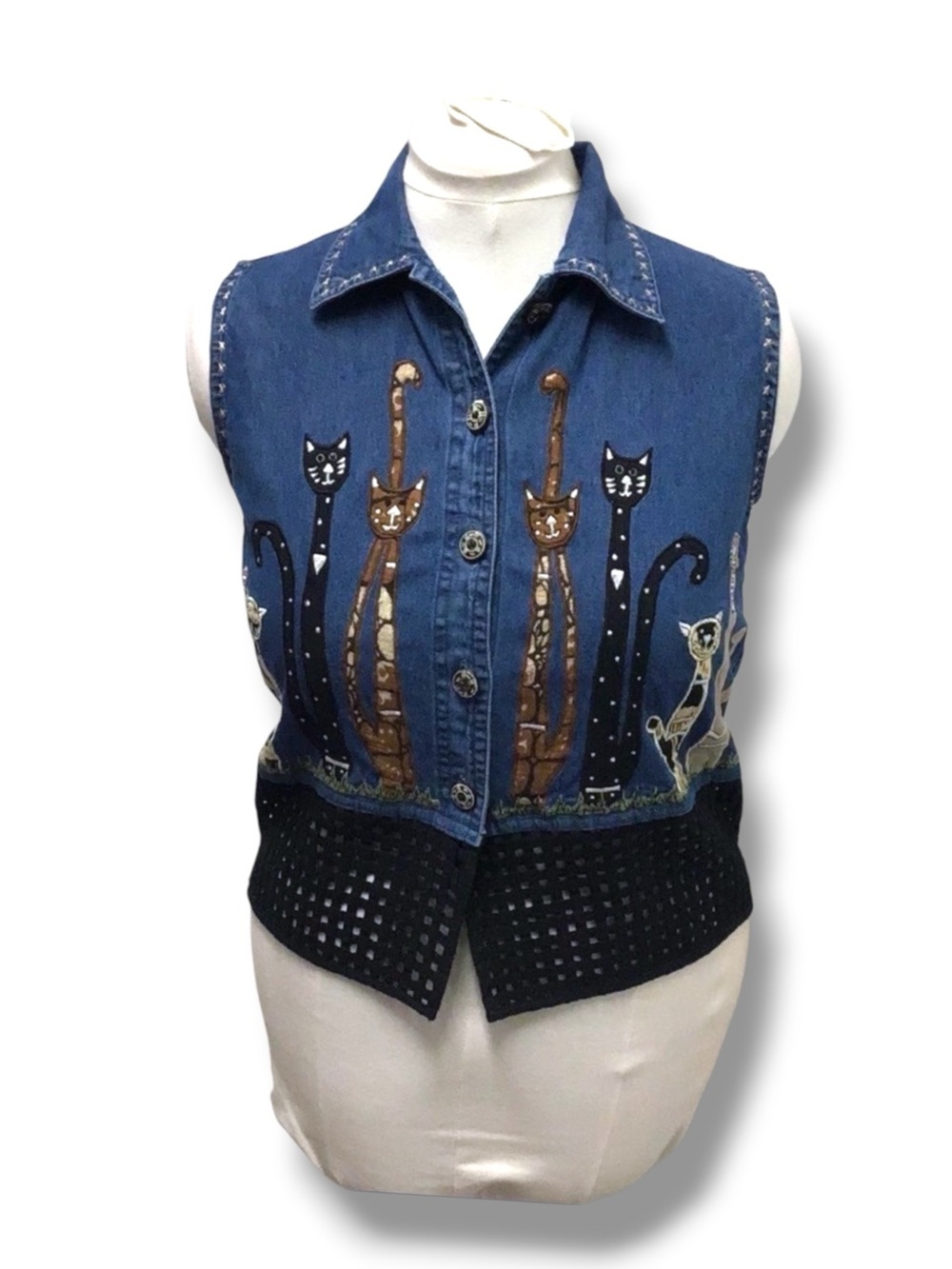 Dressbarn Women’s Denim Button Front Vest VTG 90s Appliqué Americana Cat M